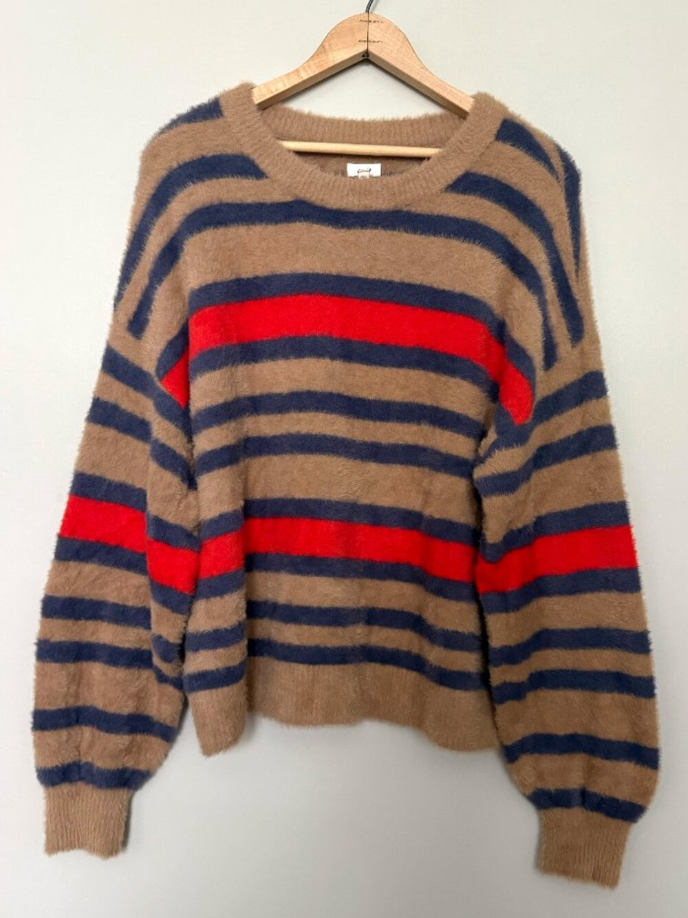 Aerie Fuzzy Striped Sweater Tan Blue Red Cozy Fall Oversized XS